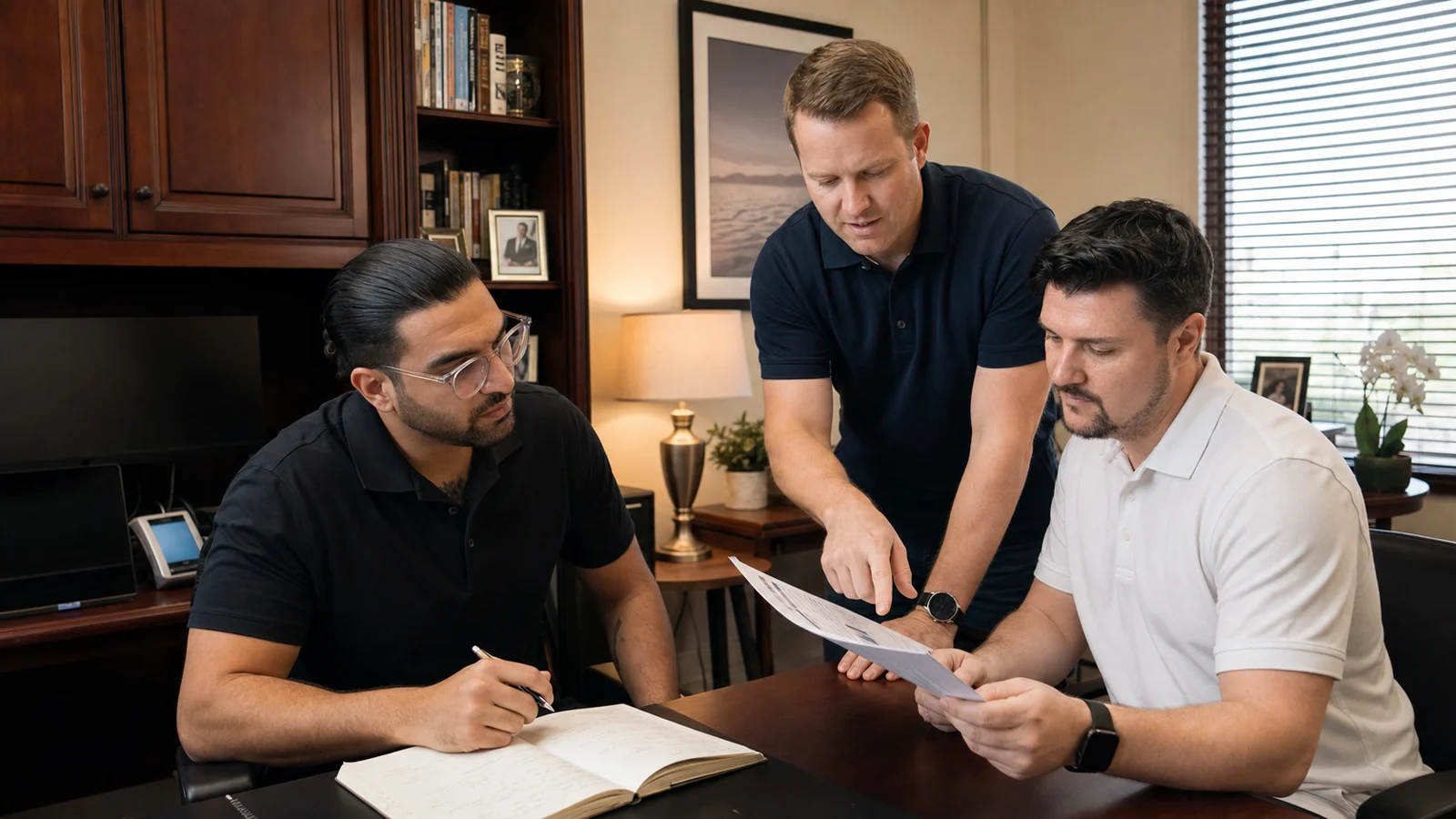 Vincent Bocassi, Jordon Wallen, and Sean Meigh working together in the IDK Strategies office
