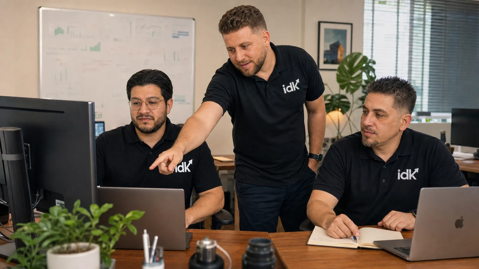 Adrian Castillo, Tim Montegomery, and Steve Kaplan planning a treatment marketing campaign together